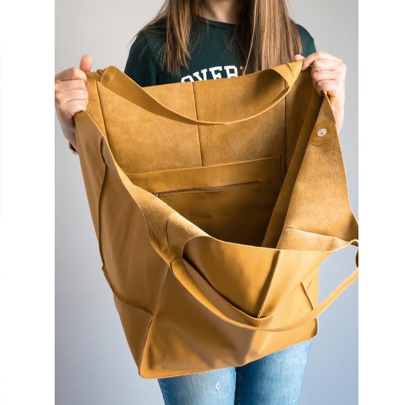 Women's Leather Tote Bag with Slouchy Unstructured Design and Large Front Pocket for Work - Image 8