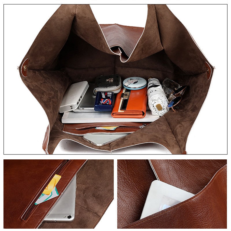 Women's Leather Tote Bag with Slouchy Unstructured Design and Large Front Pocket for Work - Image 9