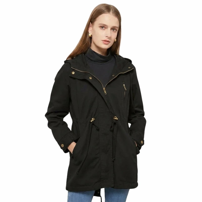 Women's Leather Utility Fleece Jacket with Drawstring Waist and Hood - Image 1