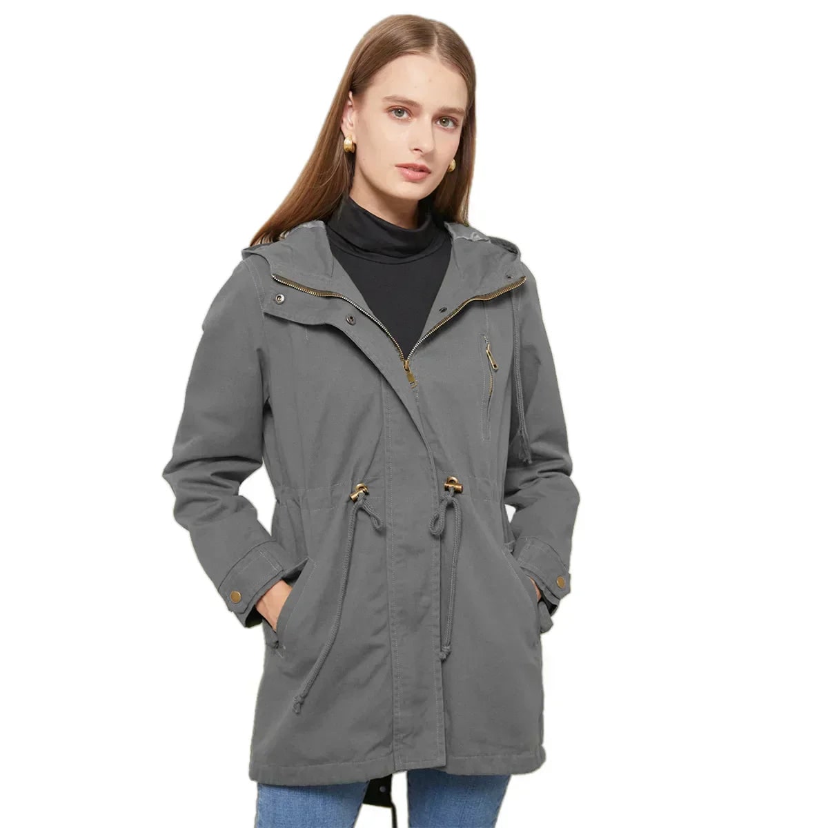 Women's Leather Utility Fleece Jacket with Drawstring Waist and Hood - Image 3