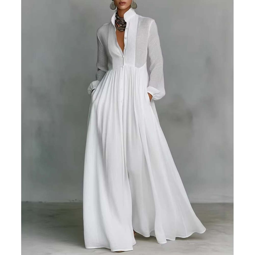 Women's Long Sleeve Maxi Dress with Pleated Bodice Button Front Empire Waist - Image 1