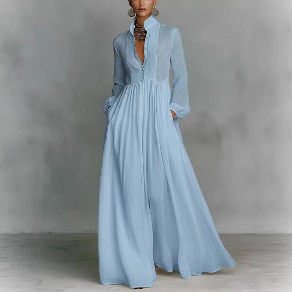 Women's Long Sleeve Maxi Dress with Pleated Bodice Button Front Empire Waist - Image 2