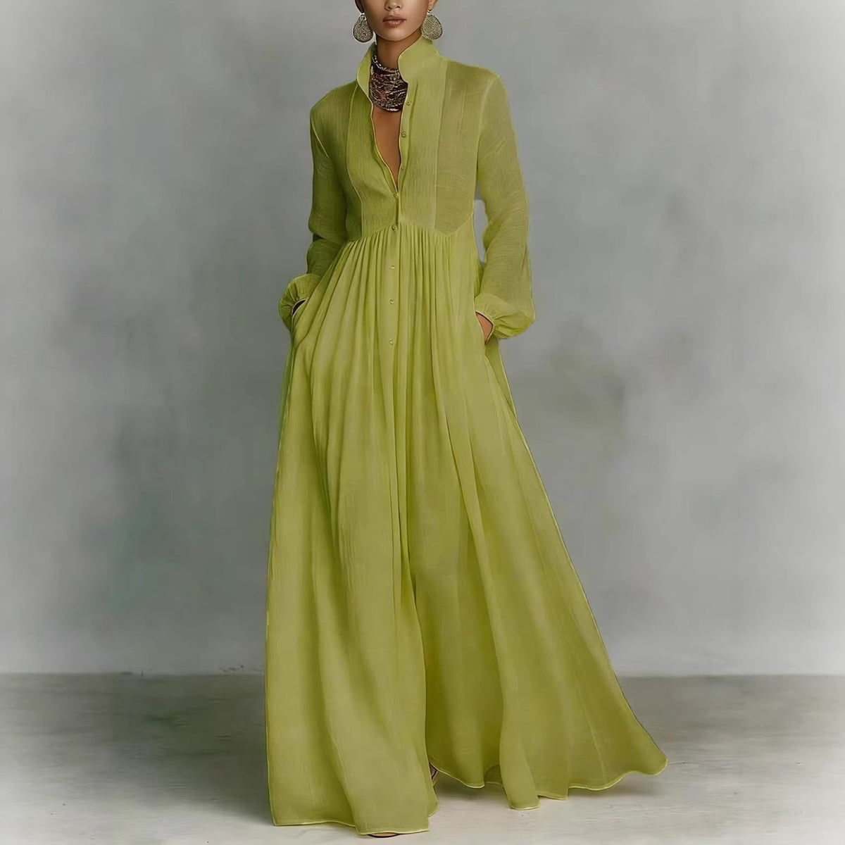 Women's Long Sleeve Maxi Dress with Pleated Bodice Button Front Empire Waist - Image 3