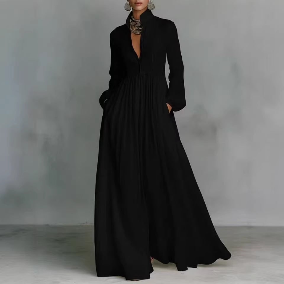 Women's Long Sleeve Maxi Dress with Pleated Bodice Button Front Empire Waist - Image 4