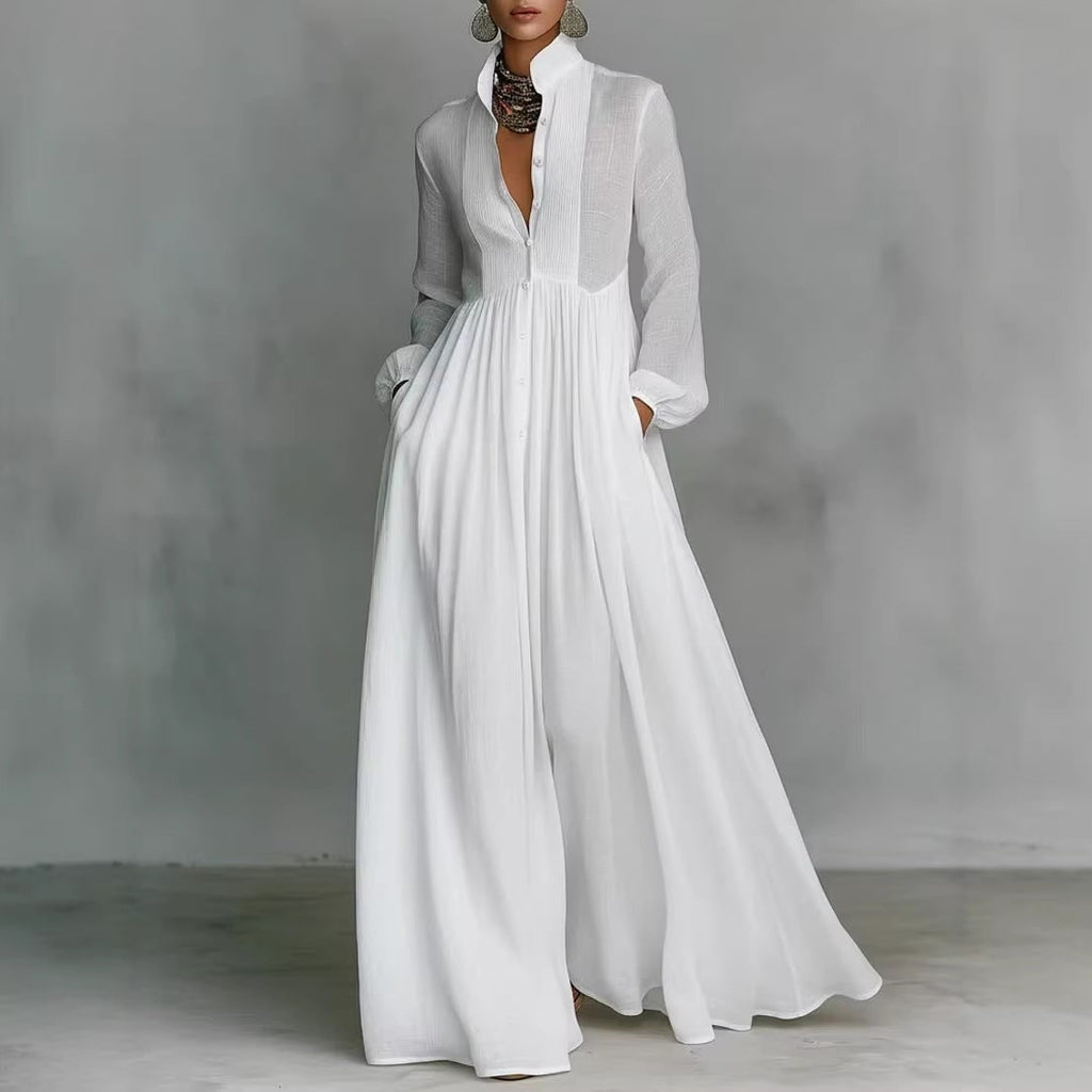 Women's Long Sleeve Maxi Dress with Pleated Bodice Button Front Empire Waist - Image 5
