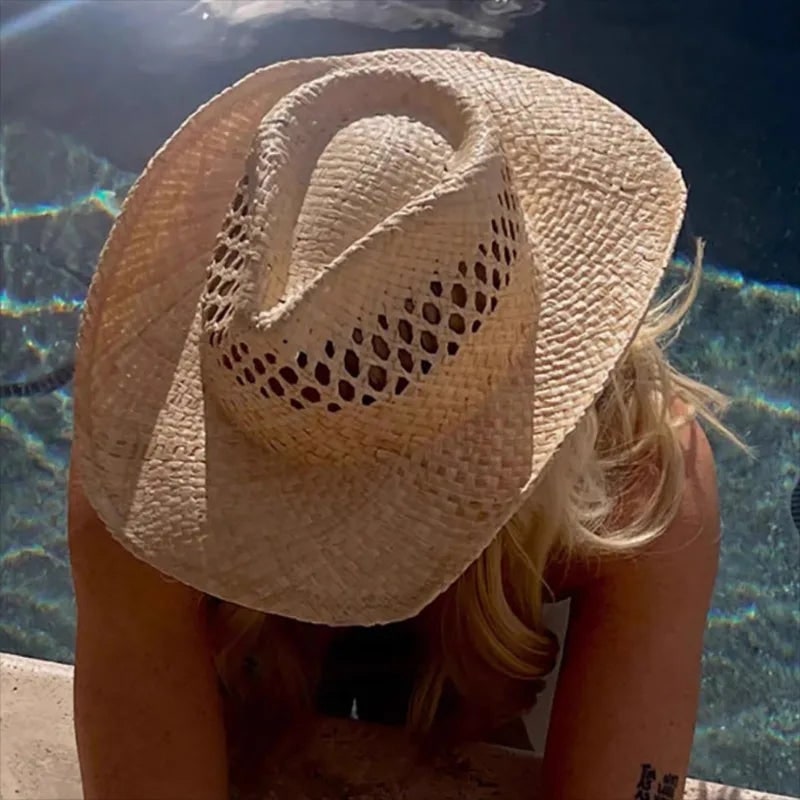 Women's Straw Cowboy Hat with Wide Brim and Ventilated Woven Crown - Image 3