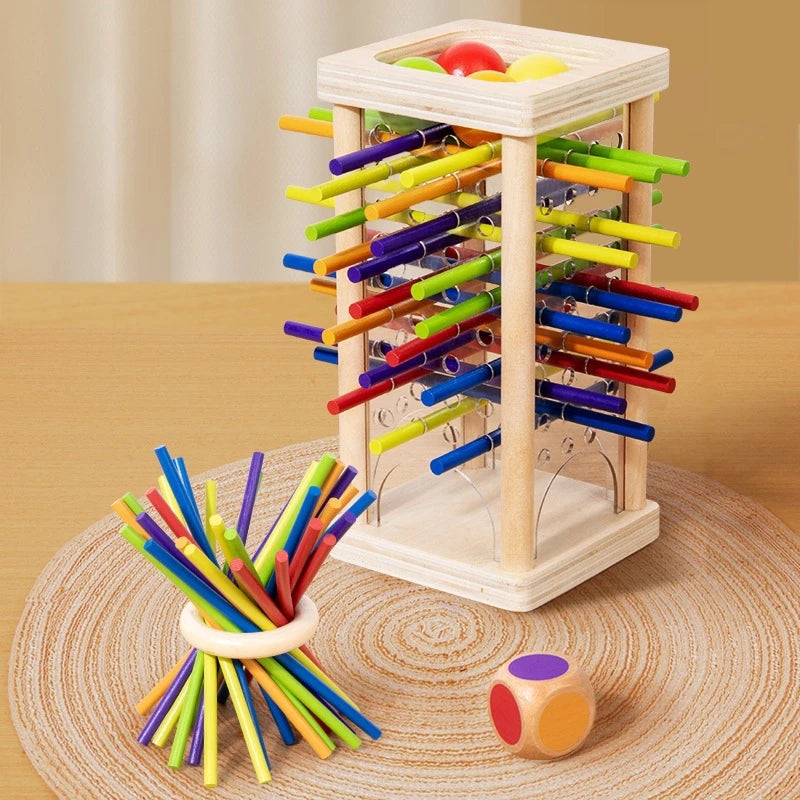 Wooden Tower Game with Colorful Sticks and Painted Balls - Image 1