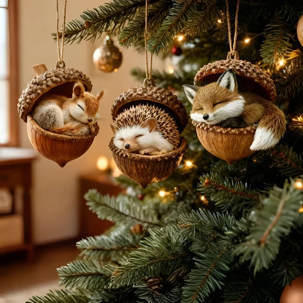 Woodland Christmas Ornaments with Sculpted Sleeping Animals in Acorn Shells - Image 1