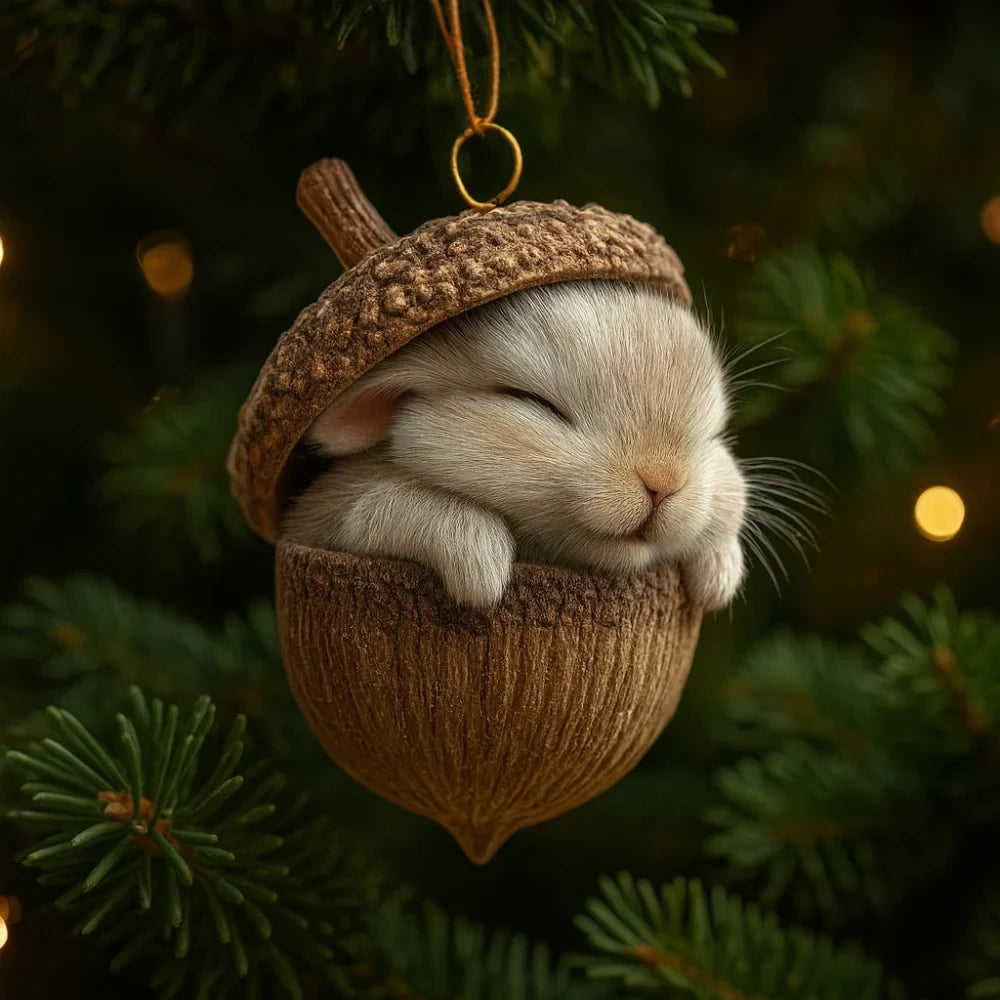 Woodland Christmas Ornaments with Sculpted Sleeping Animals in Acorn Shells - Image 2