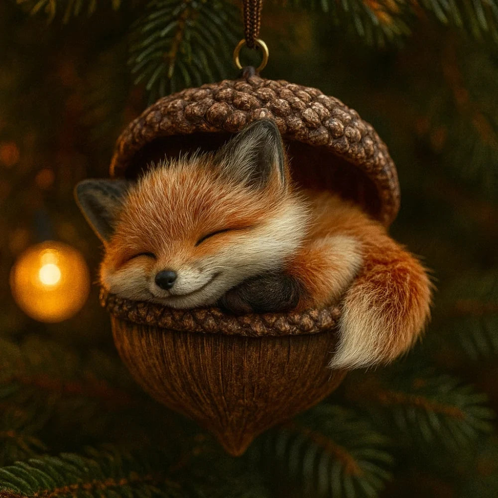 Woodland Christmas Ornaments with Sculpted Sleeping Animals in Acorn Shells - Image 6