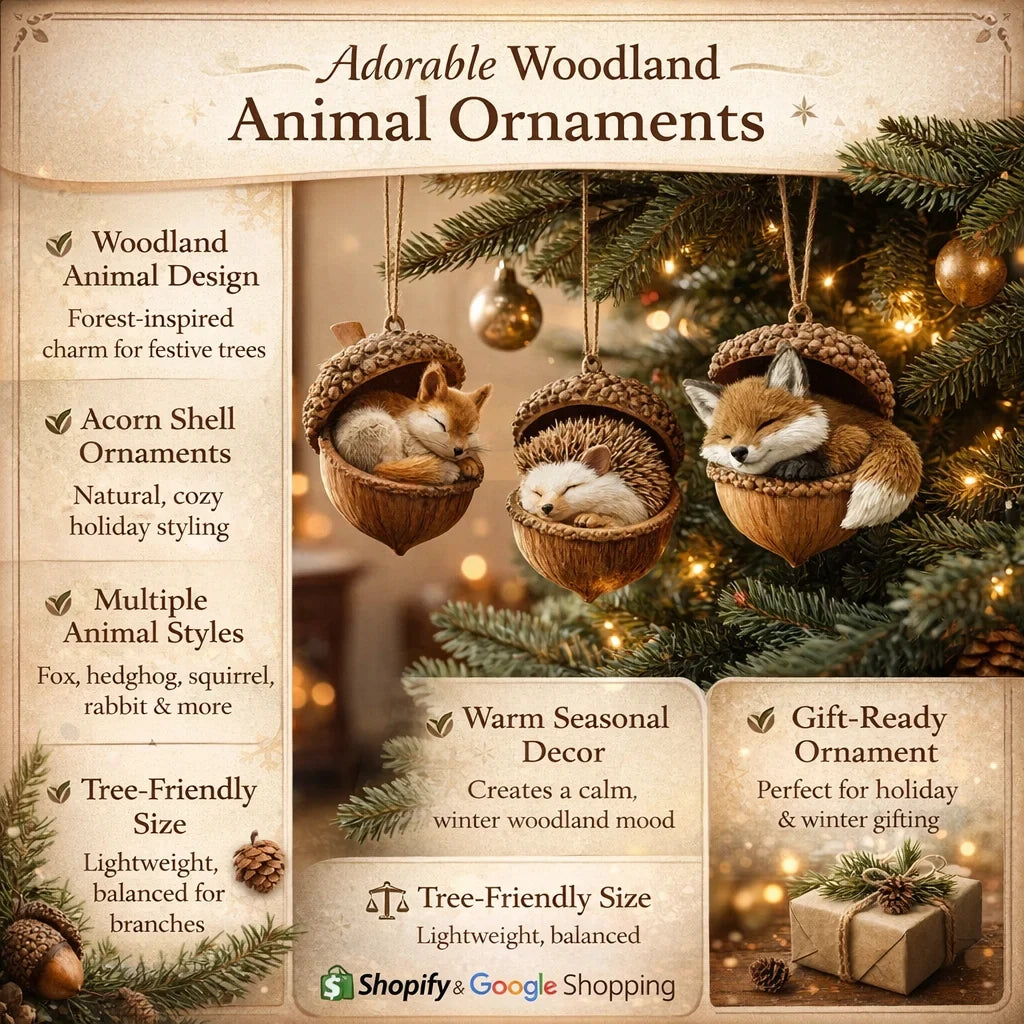Woodland Christmas Ornaments with Sculpted Sleeping Animals in Acorn Shells - Image 8